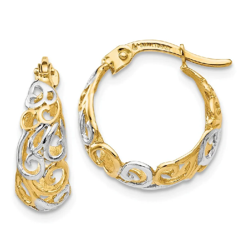 Handmade Earrings-6x16mm (5/8 Inch) 14k Yellow Gold & Rhodium Ornate Tapered Round Hoops