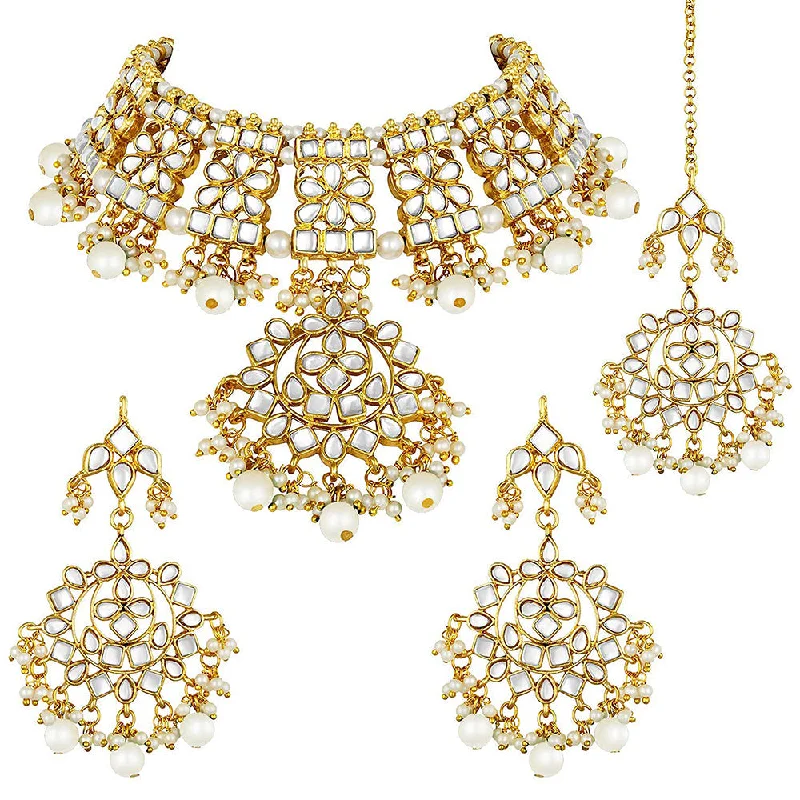 Crystal Pendant Necklace-Etnico 18K Gold Plated Traditional Handcrafted Kundan & Pearl Studded Choker Necklace Jewellery Set With Earrings & Maang Tikka For Women (K7057W)