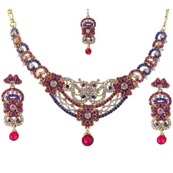 Luxury Pearl Necklace-Kriaa Austrian Stone Necklace Set With Maang Tikka - 1105316