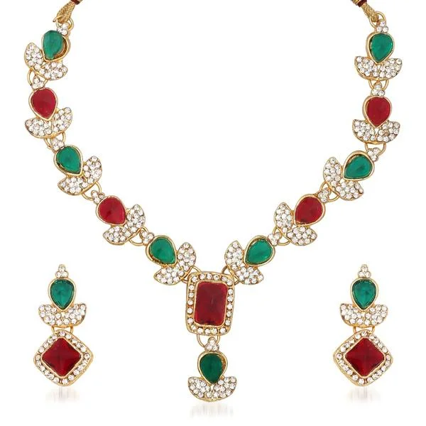 Double Pendant Necklace-Kriaa Kundan Austrian Stone Gold Plated Necklace Set