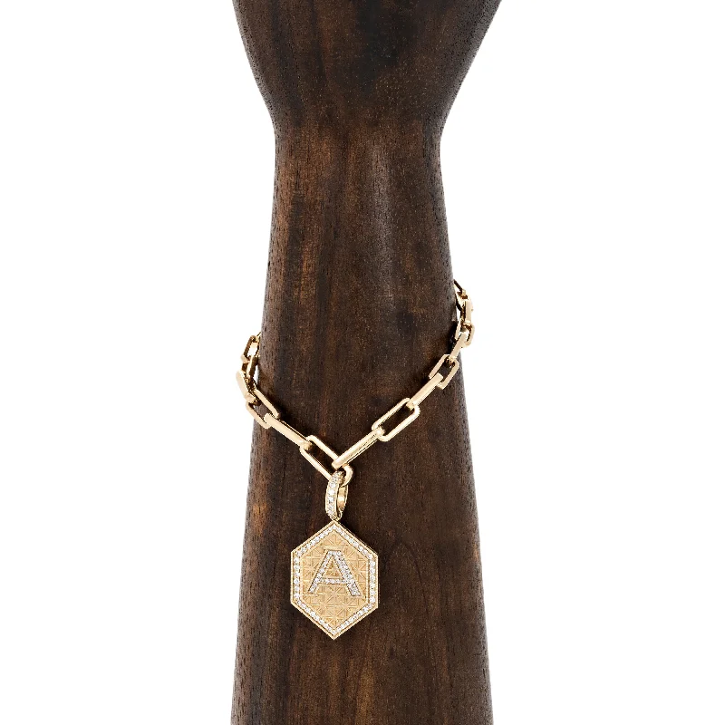 Simple Leather Bracelets-PAVE INITIAL GEOMETRIC HEXAGON CHARM + GRADUATED RECTANGLE LINK BRACELET