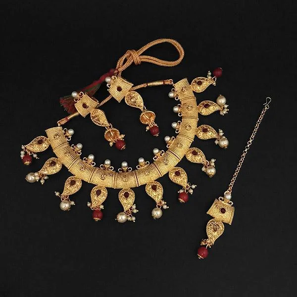 Statement Necklace for Weddings-Amina Creation Maroon Austrian Stone And Pearl Necklace Set With Maang Tikka -1107993B