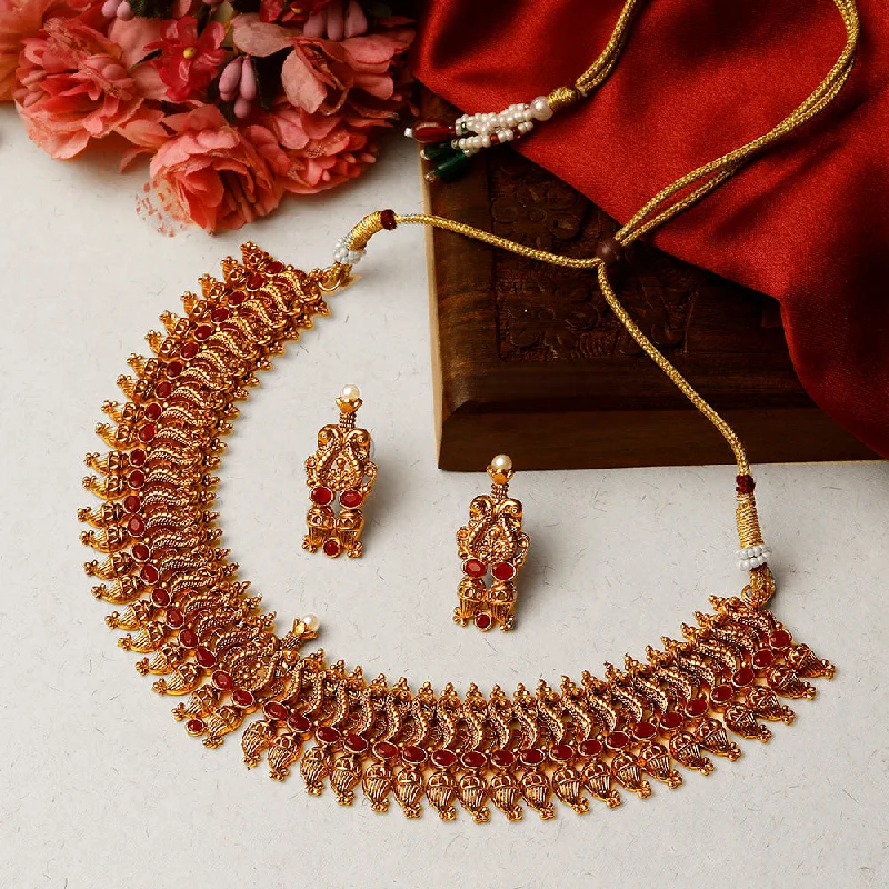 Beaded Necklace for Women-Shrishti Fashion Traditional Peacock Design Gold Plated Choker Necklace Set For Women