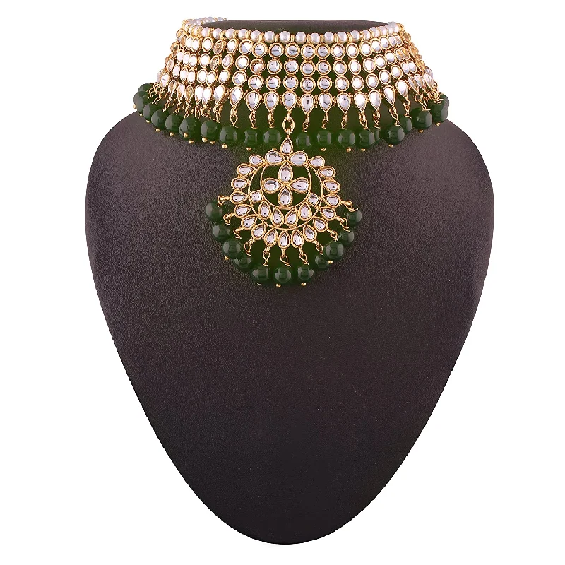 Pearl and Gold Necklace-Etnico 18K Gold Plated Traditional Kundan & Pearl Studded Choker Necklace Jewellery Set with Earrings & Maang Tikka For Women (K7058G)