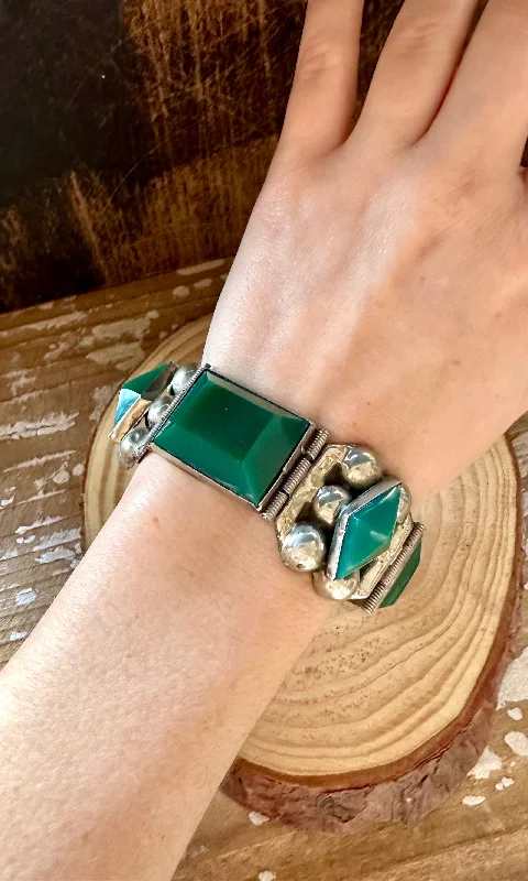 Modern Silver Bracelets-VINTAGE 1940s SILVER and Green Bracelet • 50g