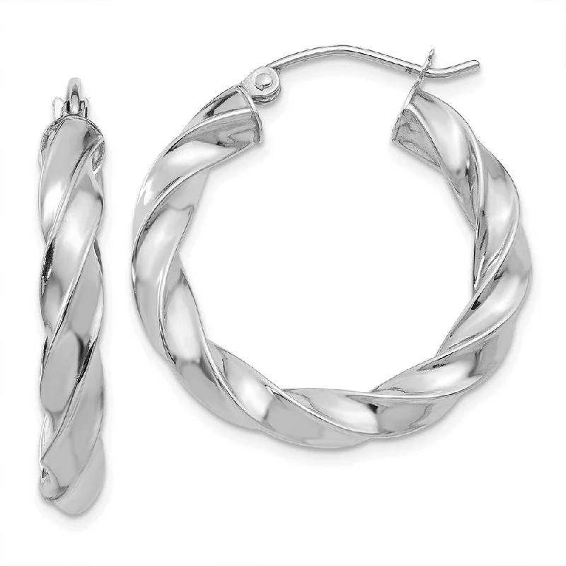 Luxe Drop Earrings-4mm x 26mm Polished 14k White Gold Hollow Twisted Round Hoop Earrings