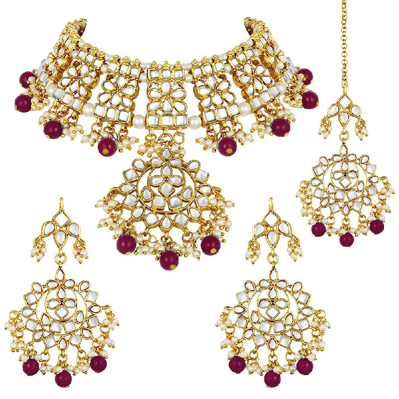 Minimalist Silver Necklace-Etnico 18K Gold Plated Traditional Handcrafted Kundan & Pearl Studded Choker Necklace Jewellery Set With Earrings & Maang Tikka For Women (K7057M)