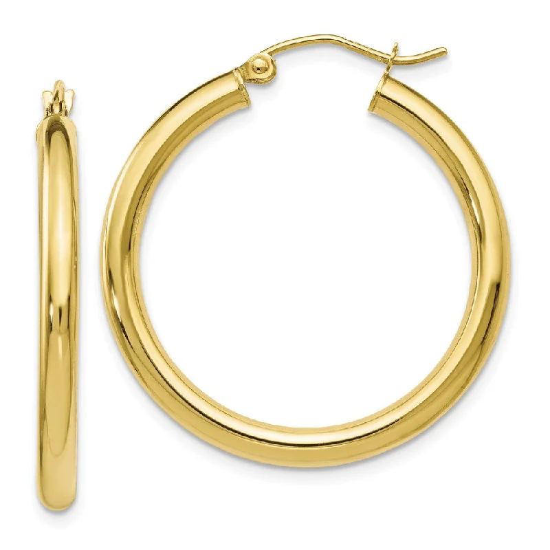 Elegant Leaf Earrings-3mm Round Hoop Earrings in 10k Yellow Gold, 30mm (1 3/16 Inch)