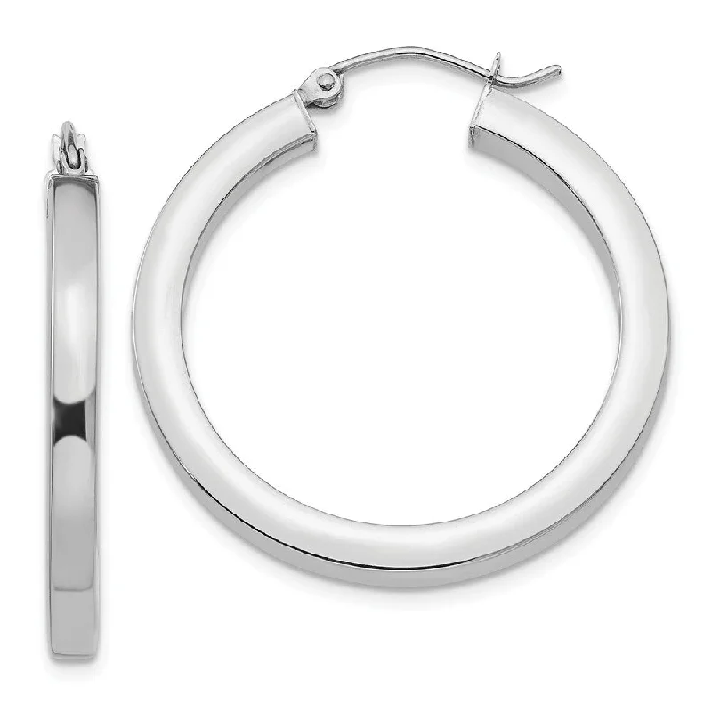 Wedding Diamond Earrings-3mm, 14k White Gold Square Tube Round Hoop Earrings, 30mm (1 1/8 Inch)