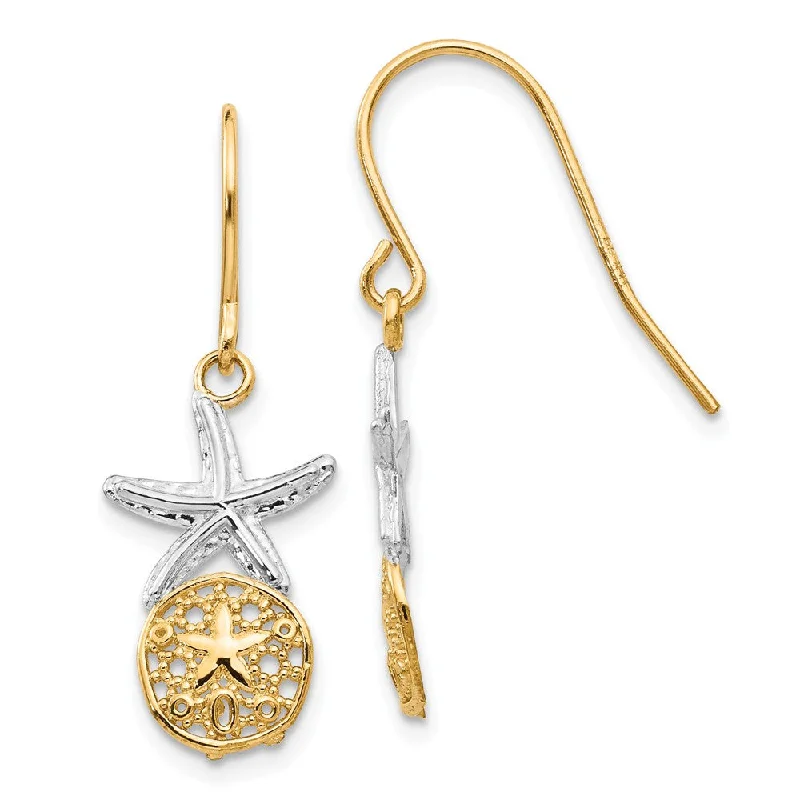 Gold Hoop Earrings-Two Tone Sand Dollar & Starfish Dangle Earrings in 14k Gold