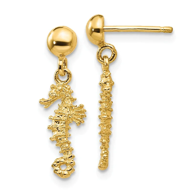 Edgy Silver Earrings-Mini Textured Seahorse Dangle Post Earrings in 14k Yellow Gold