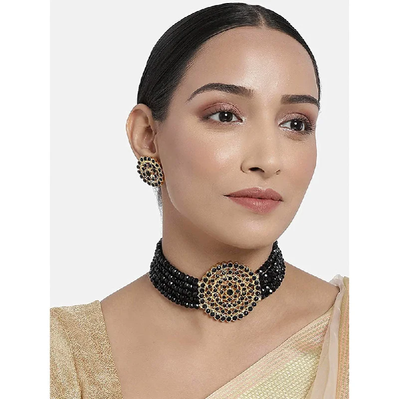 Diamond and Pearl Necklace-Etnico 18K Gold Plated Traditional Light Weight Crystal Stone Beaded Choker Necklace Jewellery Set Glided With Moti Work (ML239B)