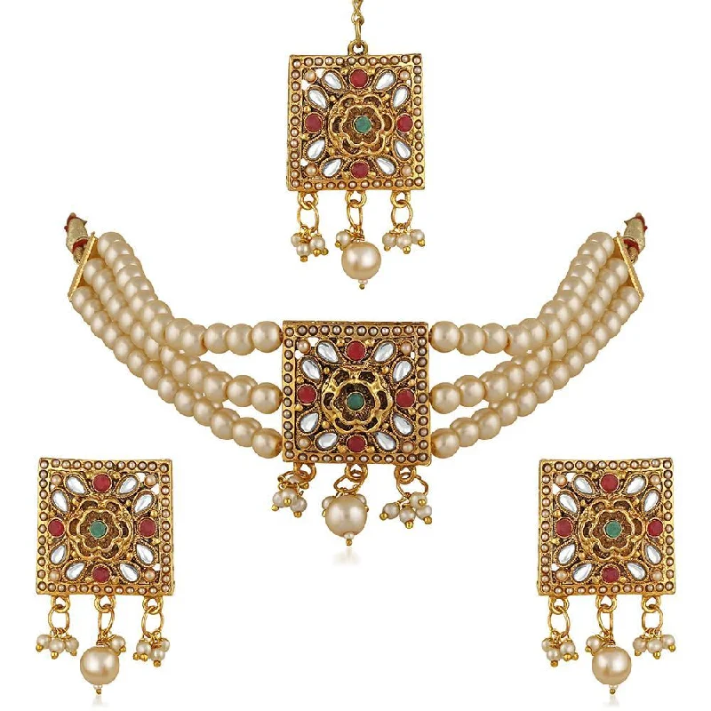 Silver Rope Necklace-Mahi White Kundan & Artificial Pearl Traditional Choker Necklace Earring & Maangtikka Set For Women (VNCJ100248)