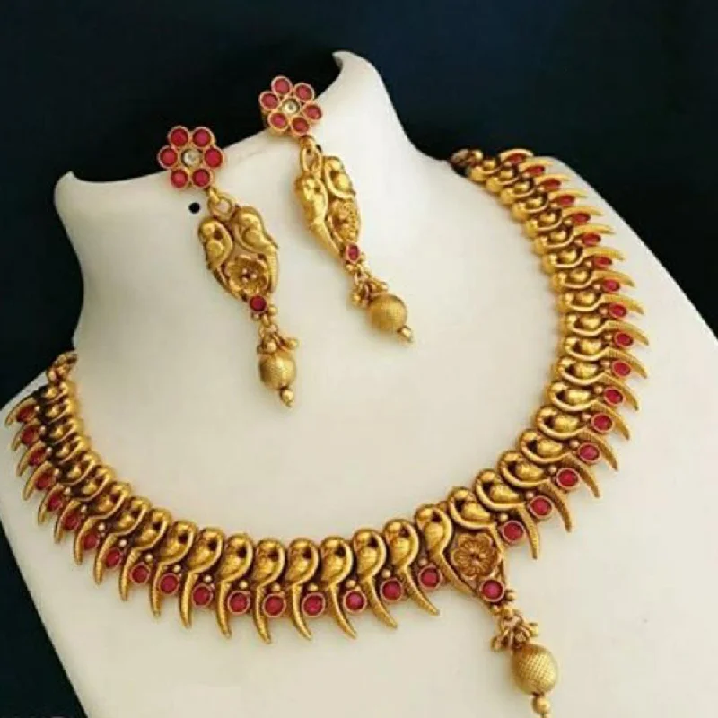 Classic Gold Pendant Necklace-India Art Matte Finish Pink Pota Stone Choker Necklace Set